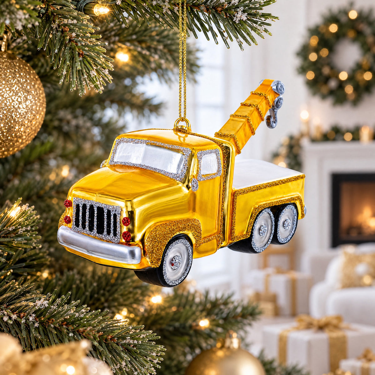 Tow Truck Glass Christmas Ornament